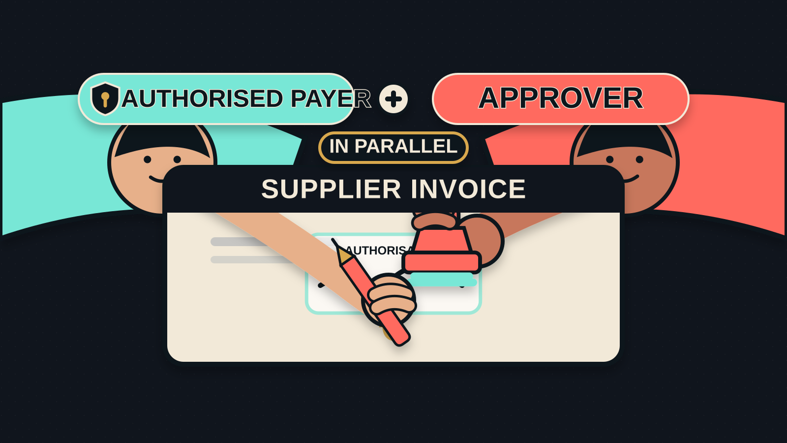Two people stand around a “SUPPLIER INVOICE” document with a euro symbol: one holds a stamp-shaped object and the other a pencil near a black wavy line.