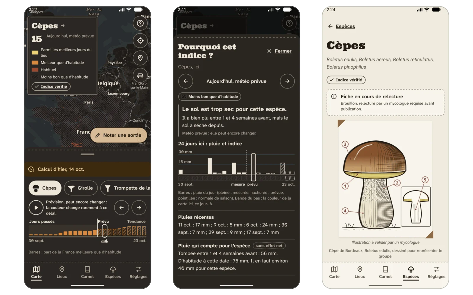 Three Bredouille app screens: the map of France for ceps, why a spot scores the way it does based on recent rainfall, and the illustrated cep page.
